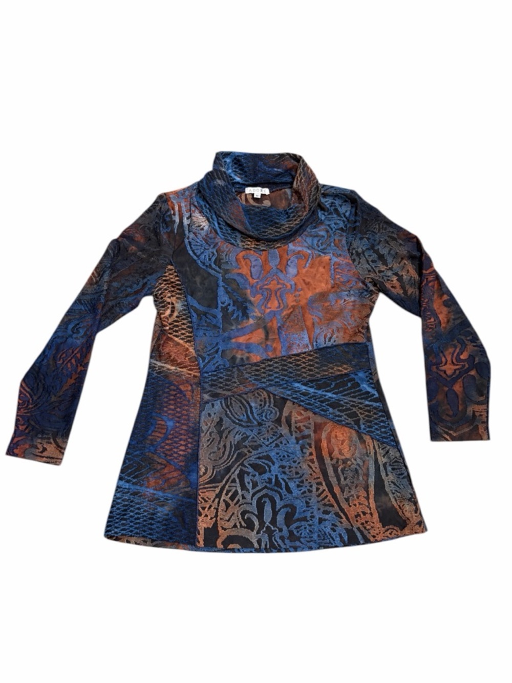 Adore Mixed Media Turtleneck Tunic in Blue & Rust‎ - Medium